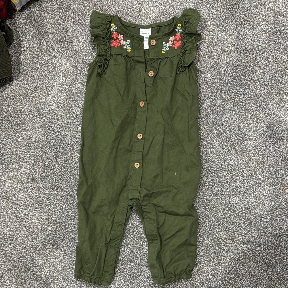 Carters Green Baby Girl Romper with Floral Embroidery